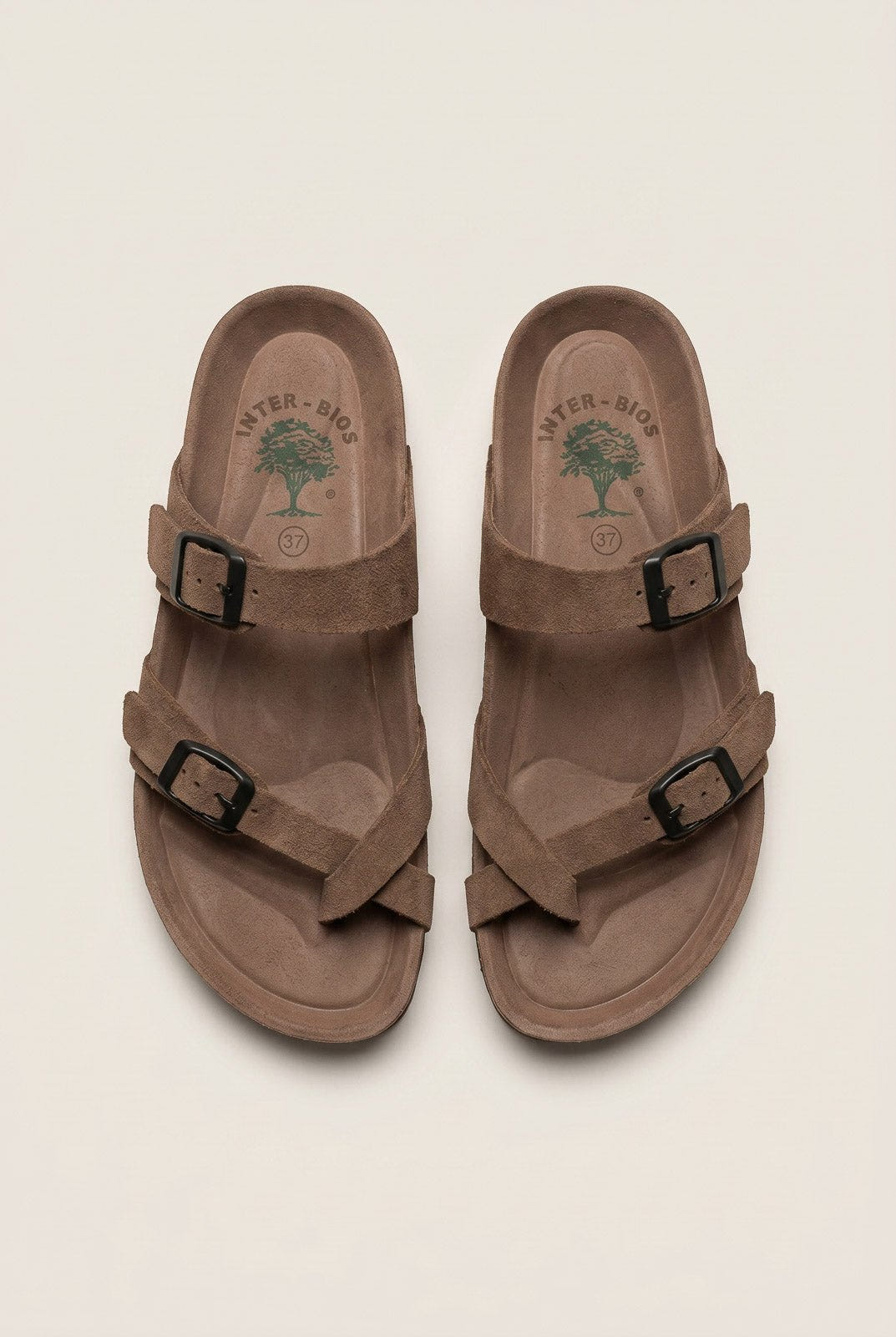 Inter - Bios - Toe Ring Sandals Adjustable Buckle - Brown Suede