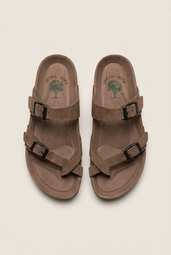 Inter - Bios - Toe Ring Sandals Adjustable Buckle - Brown Suede