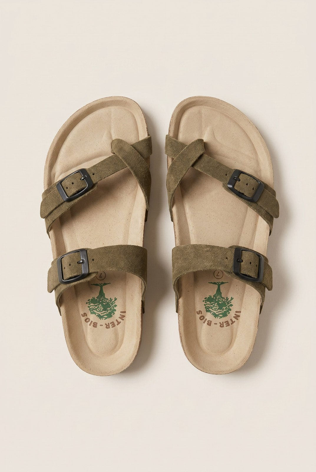 Inter - Bios - Toe Ring Sandals Adjustable Buckle - Khaki Green Suede
