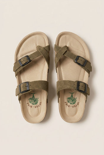 Inter - Bios - Toe Ring Sandals Adjustable Buckle - Khaki Green Suede
