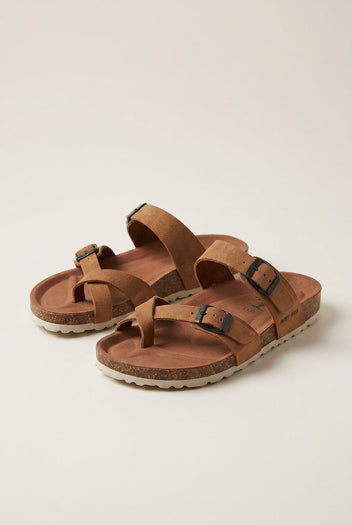 Inter - Bios - Toe Ring Sandals Adjustable Buckle - Tan Suede
