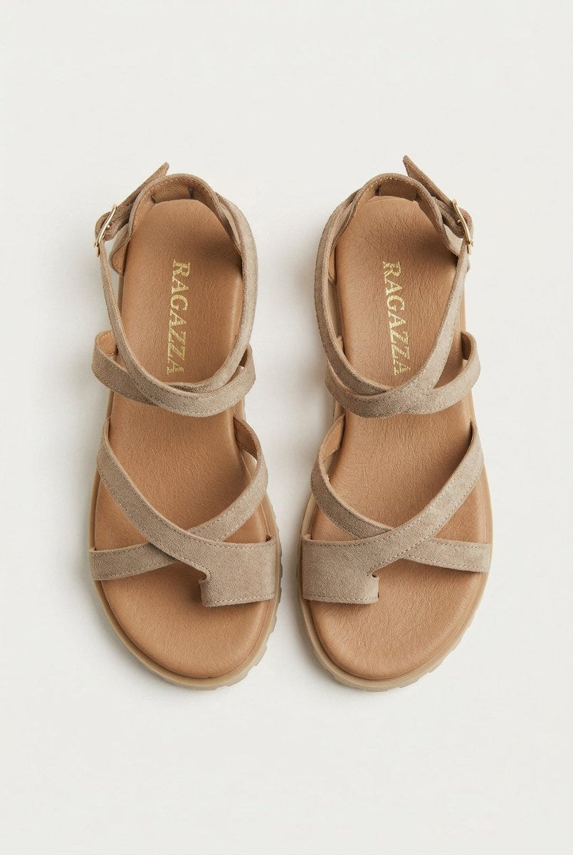 RAGAZZA - Toe Ring Sandals Ankle Strap - Beige Suede