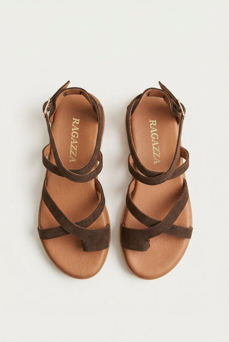 RAGAZZA - Toe Ring Sandals Ankle Strap - Brown Suede