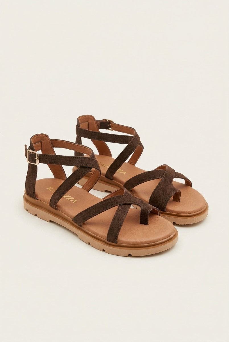 RAGAZZA - Toe Ring Sandals Ankle Strap - Brown Suede