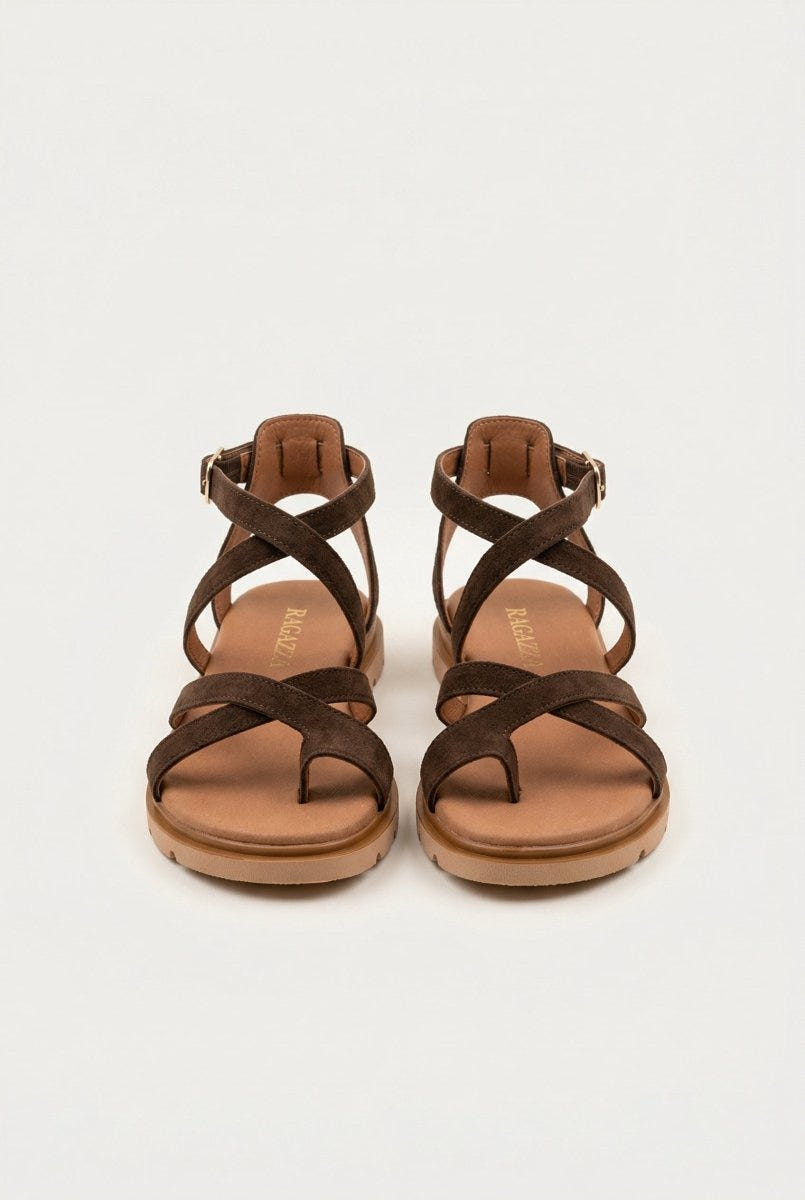 RAGAZZA - Toe Ring Sandals Ankle Strap - Brown Suede