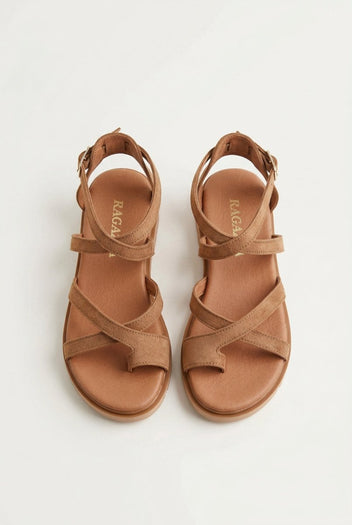 RAGAZZA - Toe Ring Sandals Ankle Strap - Tan Suede