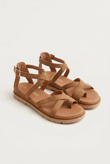 RAGAZZA - Toe Ring Sandals Ankle Strap - Tan Suede