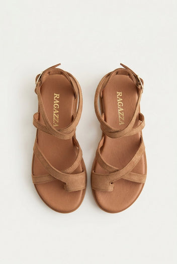 RAGAZZA - Toe Ring Sandals Ankle Strap - Tan Suede