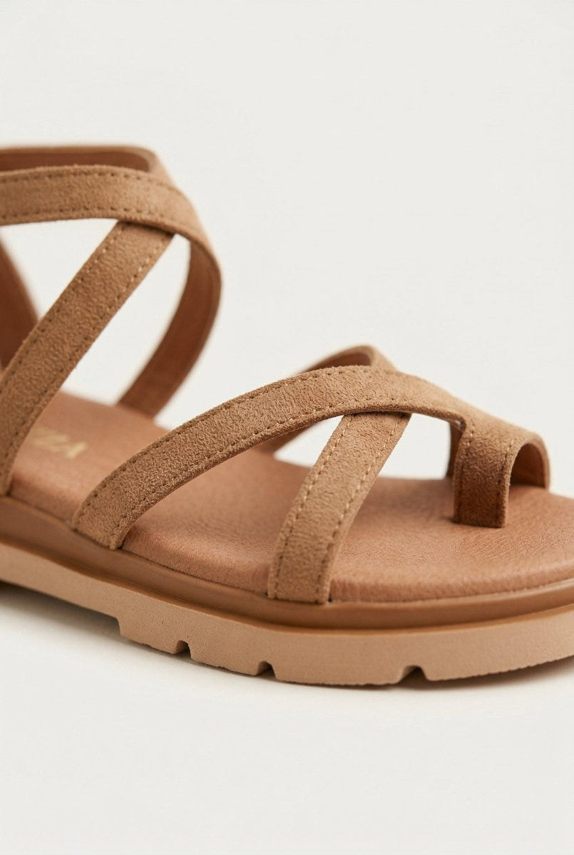 RAGAZZA - Toe Ring Sandals Ankle Strap - Tan Suede