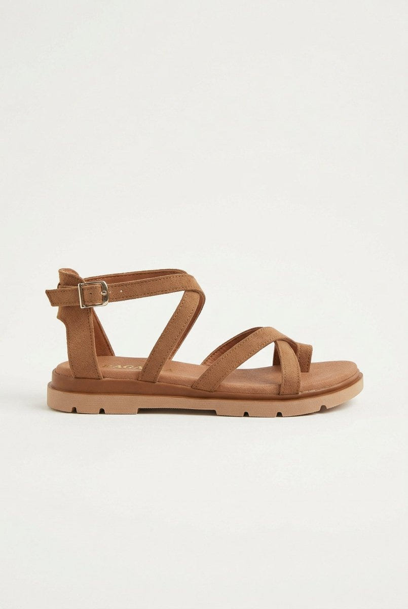 RAGAZZA - Toe Ring Sandals Ankle Strap - Tan Suede