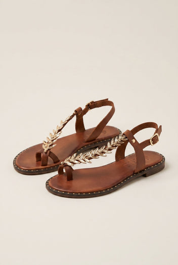IRIS - Toe Ring Sandals Leaf Detail - Tan Matte