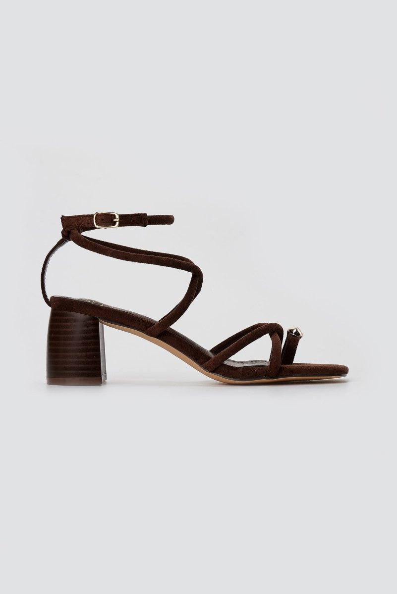 ERYNN - Toe Ring Sandals Low Block Heel - Brown Suede