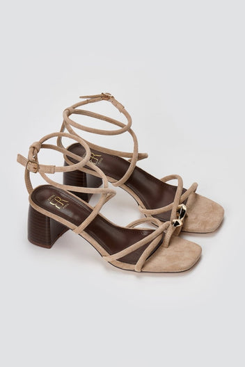 ERYNN - Toe Ring Sandals Low Block Heel - Taupe Suede