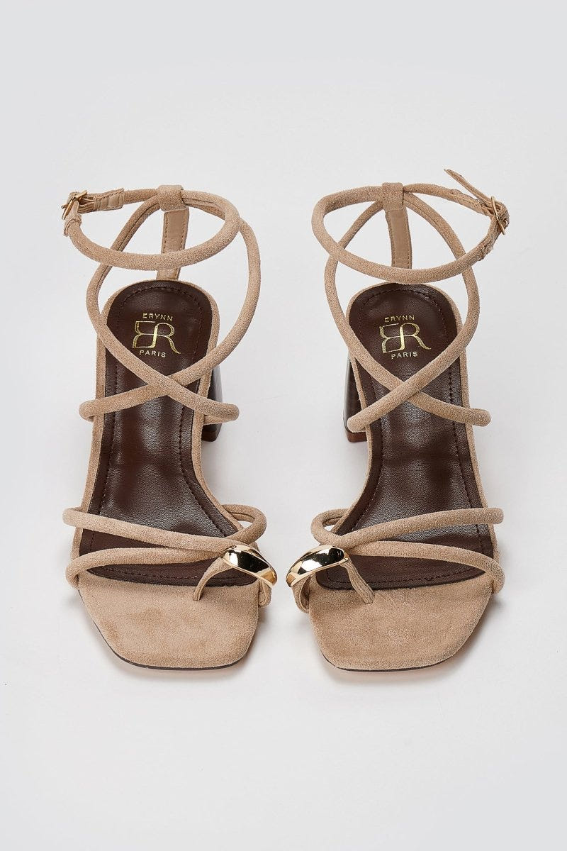 ERYNN - Toe Ring Sandals Low Block Heel - Taupe Suede