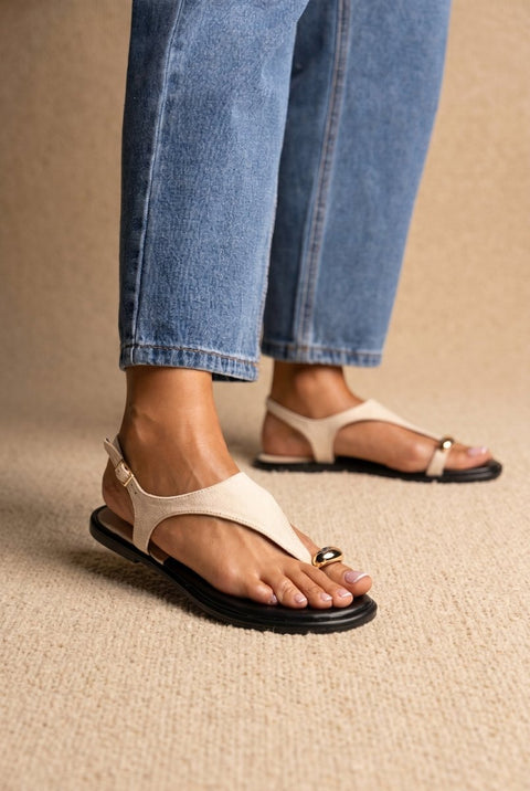 Toe Ring Sandals Metal Detail - Beige Suede