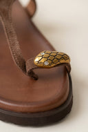 ATENEO - Toe Ring Sandals T-Strap Snake Detail - Brown Suede