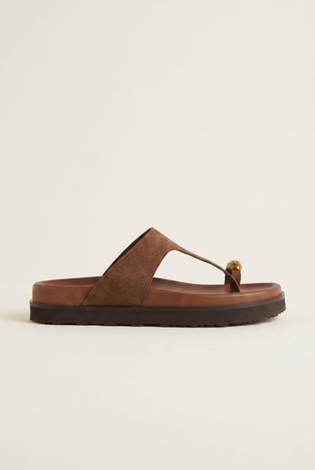 ATENEO - Toe Ring Sandals T-Strap Snake Detail - Brown Suede