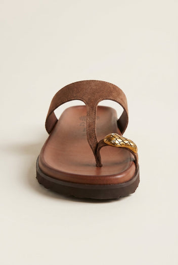 ATENEO - Toe Ring Sandals T-Strap Snake Detail - Brown Suede