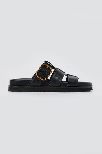 ATENEO - Triple Strap Sandals Buckle Detail - Black Matte