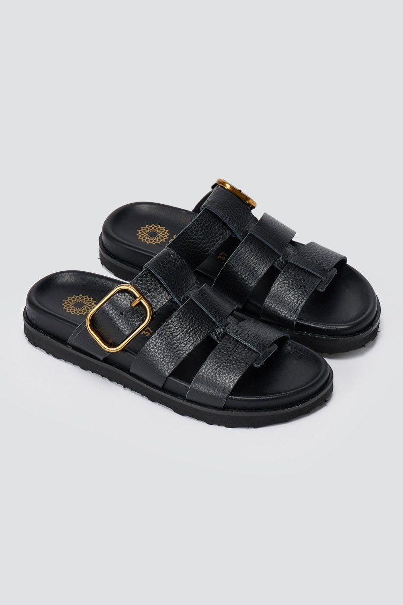 ATENEO - Triple Strap Sandals Buckle Detail - Black Matte