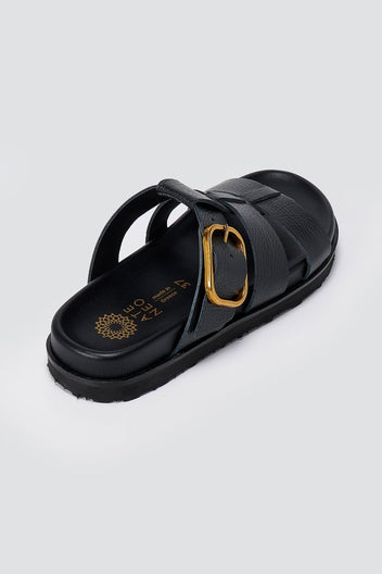 ATENEO - Triple Strap Sandals Buckle Detail - Black Matte