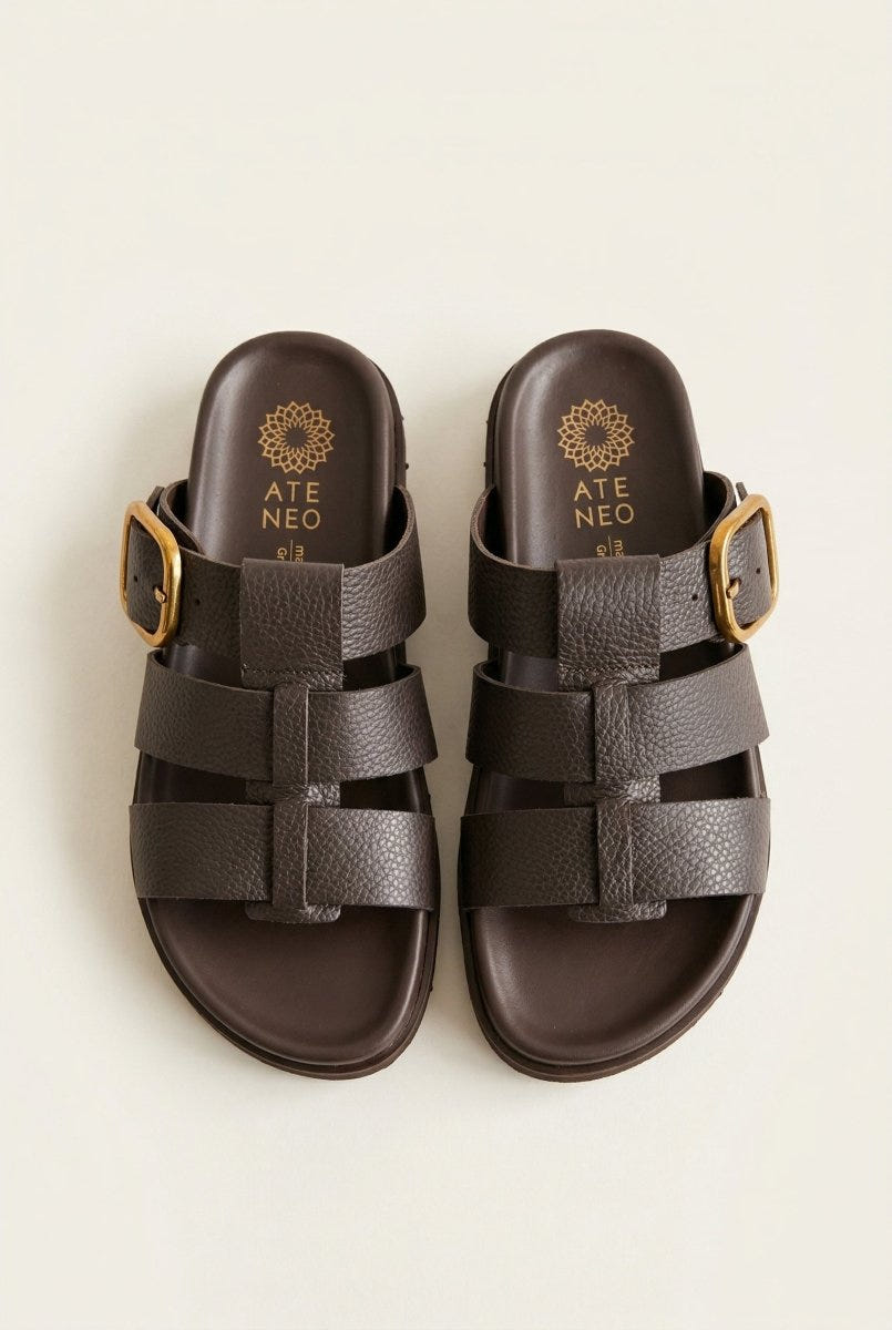 ATENEO - Triple Strap Sandals Buckle Detail - Dark Brown Matte