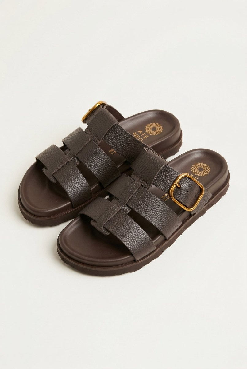 ATENEO - Triple Strap Sandals Buckle Detail - Dark Brown Matte