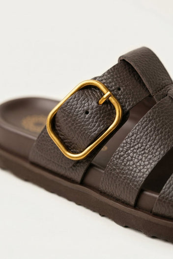 ATENEO - Triple Strap Sandals Buckle Detail - Dark Brown Matte