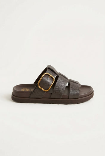 ATENEO - Triple Strap Sandals Buckle Detail - Dark Brown Matte