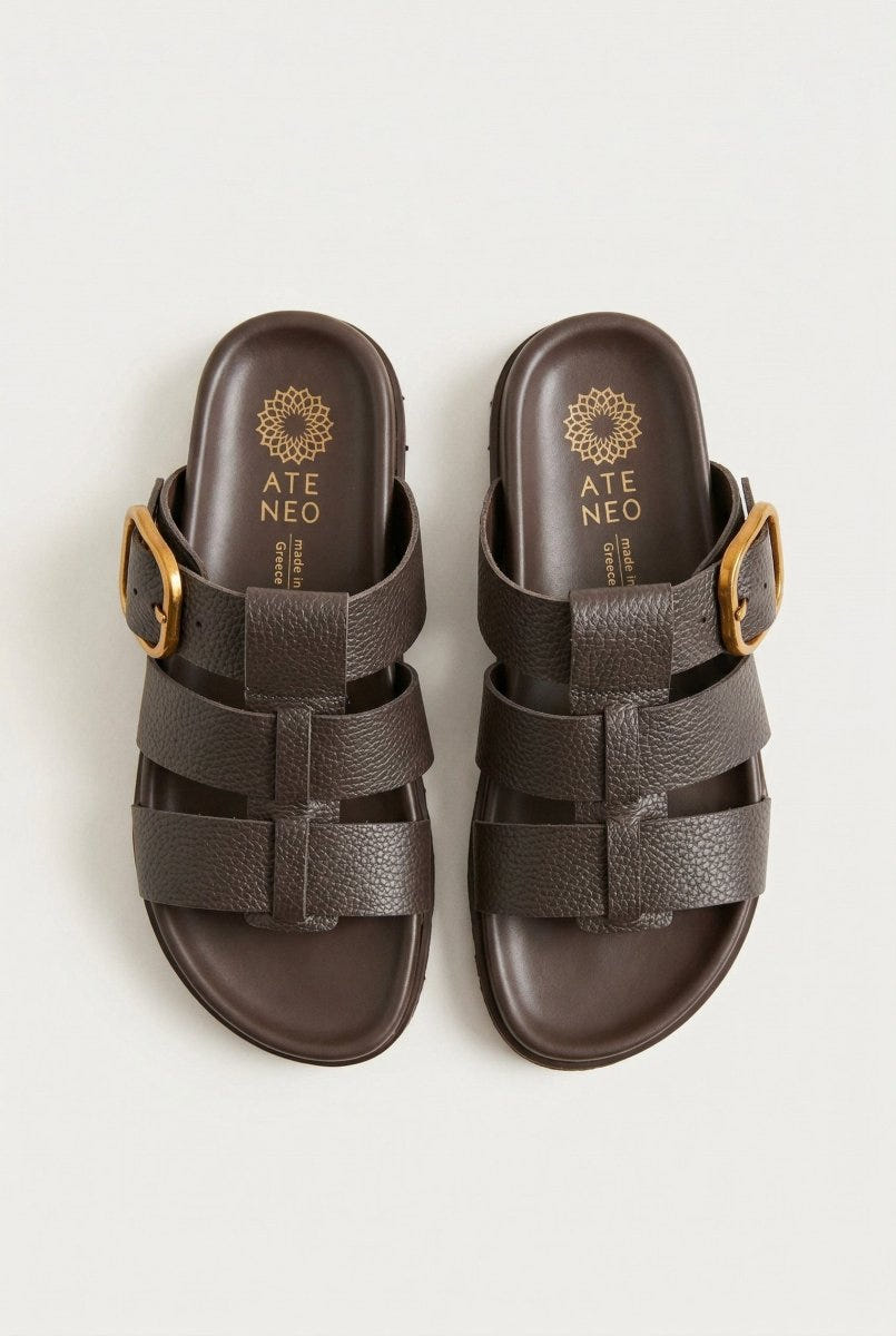 ATENEO - Triple Strap Sandals Buckle Detail - Dark Brown Matte