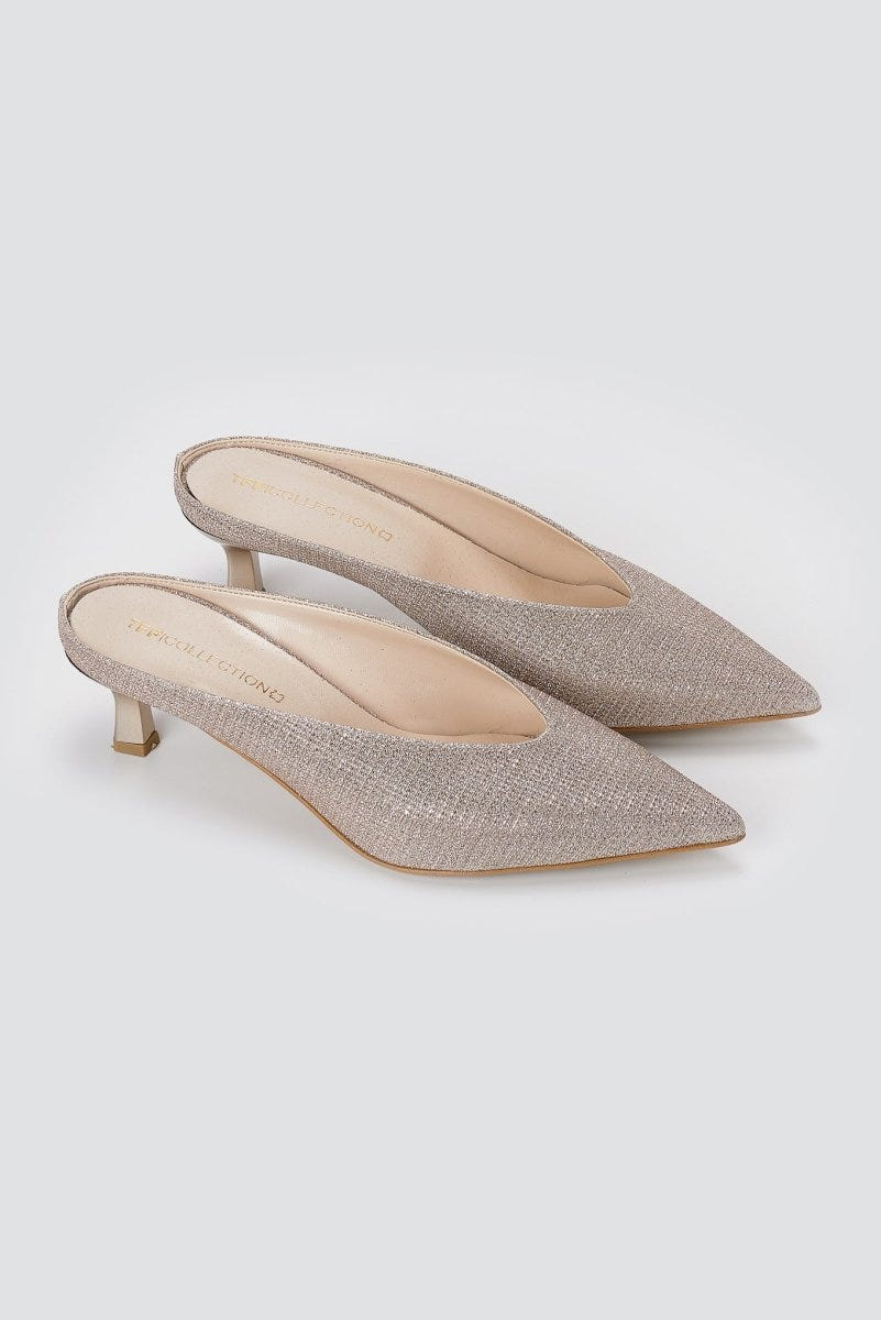 TFP - V Cut Kitten Heel Mules - Nude Lurex
