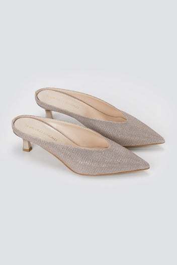 TFP - V Cut Kitten Heel Mules - Nude Lurex