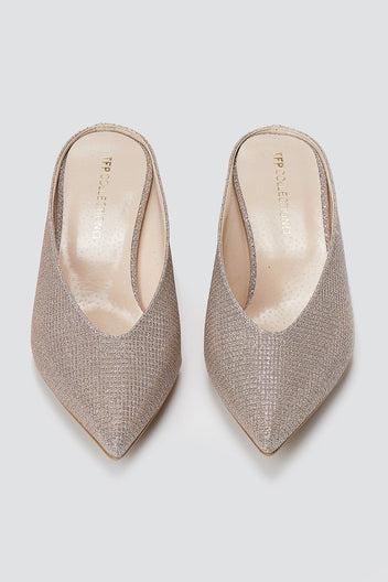 TFP - V Cut Kitten Heel Mules - Nude Lurex