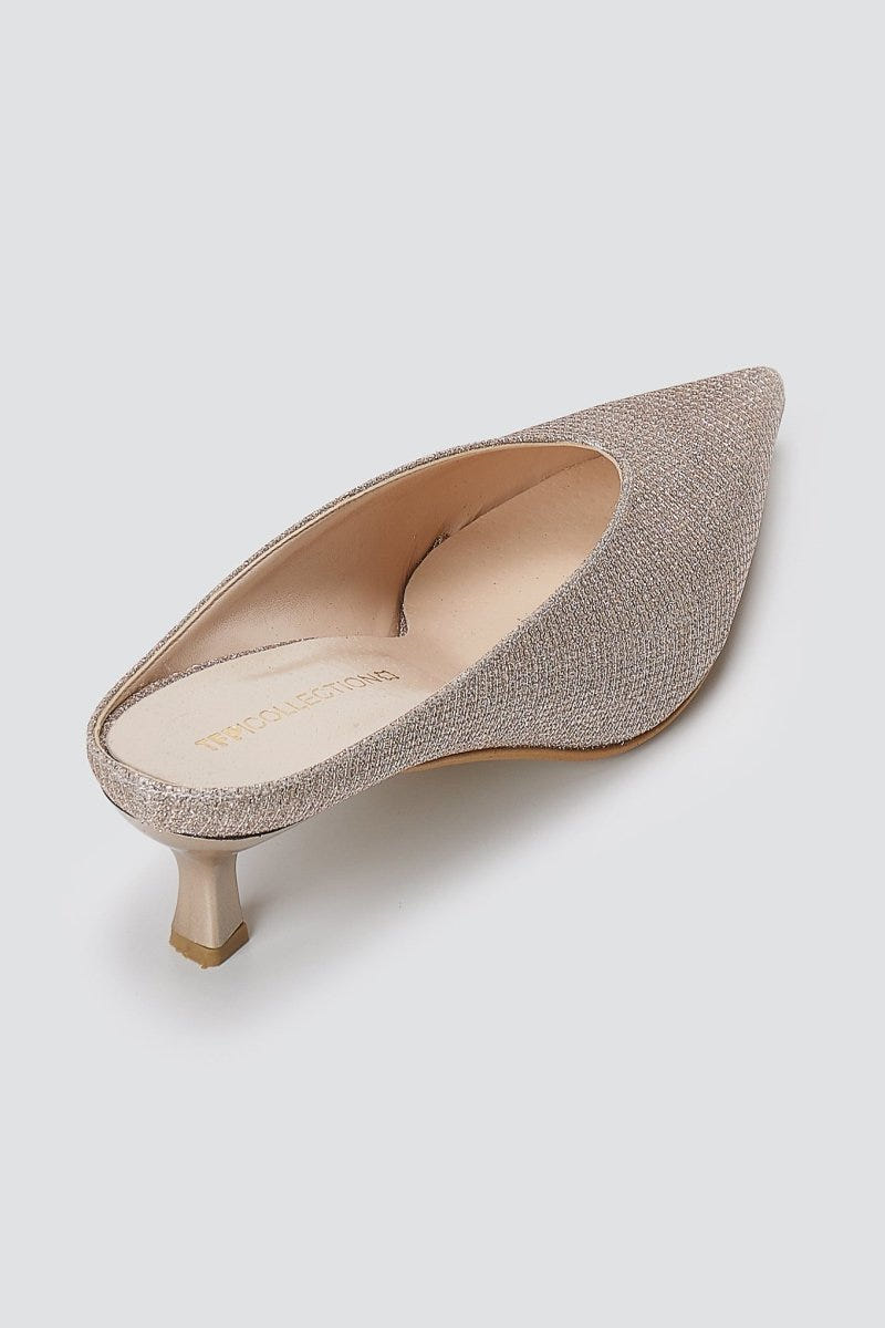 TFP - V Cut Kitten Heel Mules - Nude Lurex