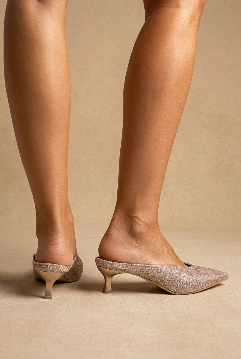 TFP - V Cut Kitten Heel Mules - Nude Lurex