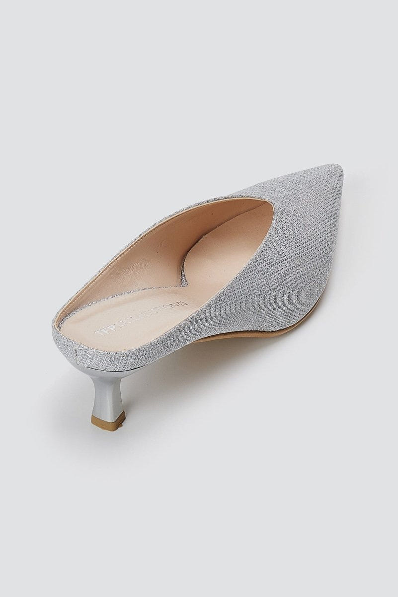 TFP - V Cut Kitten Heel Mules - Silver Lurex