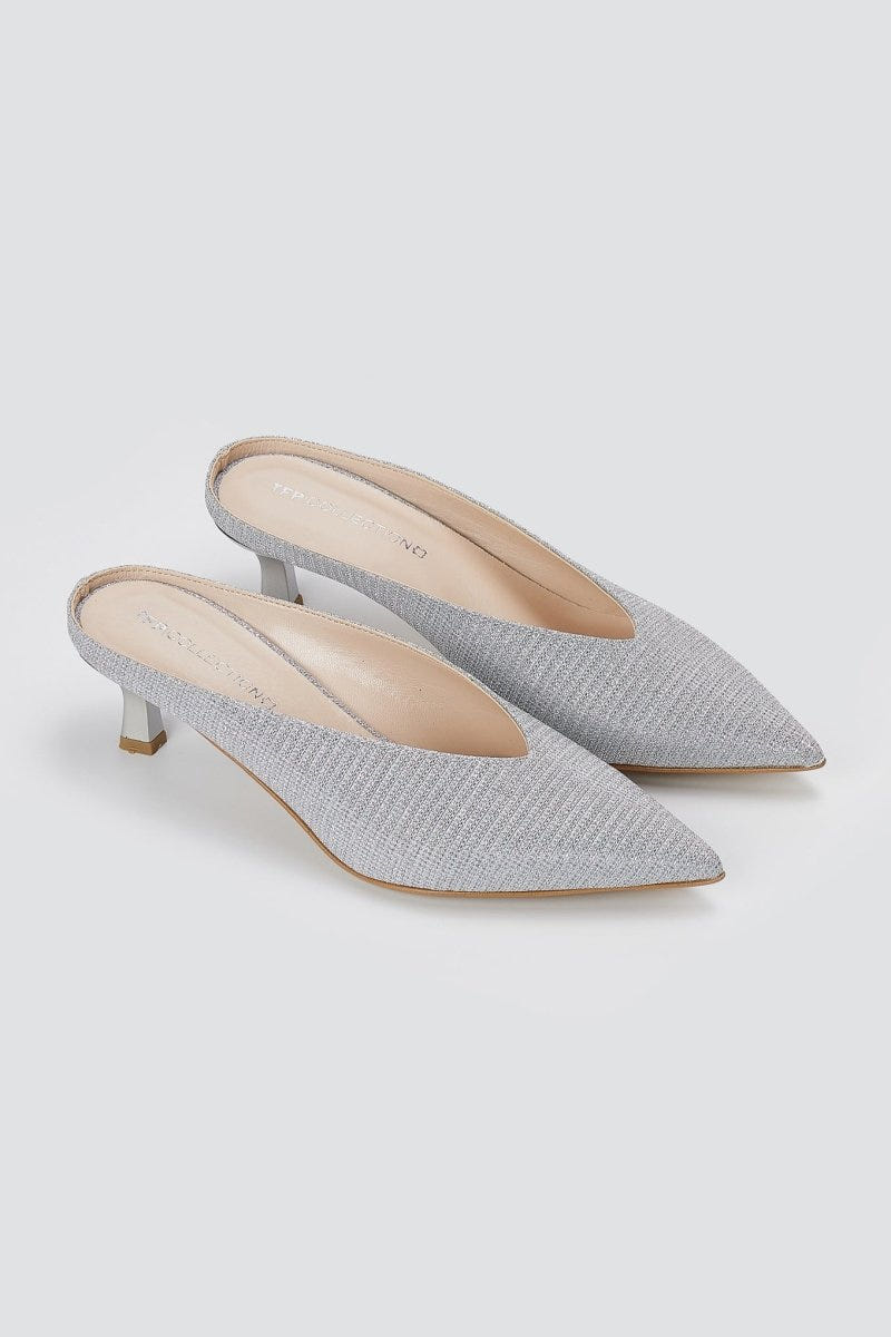 TFP - V Cut Kitten Heel Mules - Silver Lurex