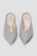 TFP - V Cut Kitten Heel Mules - Silver Lurex