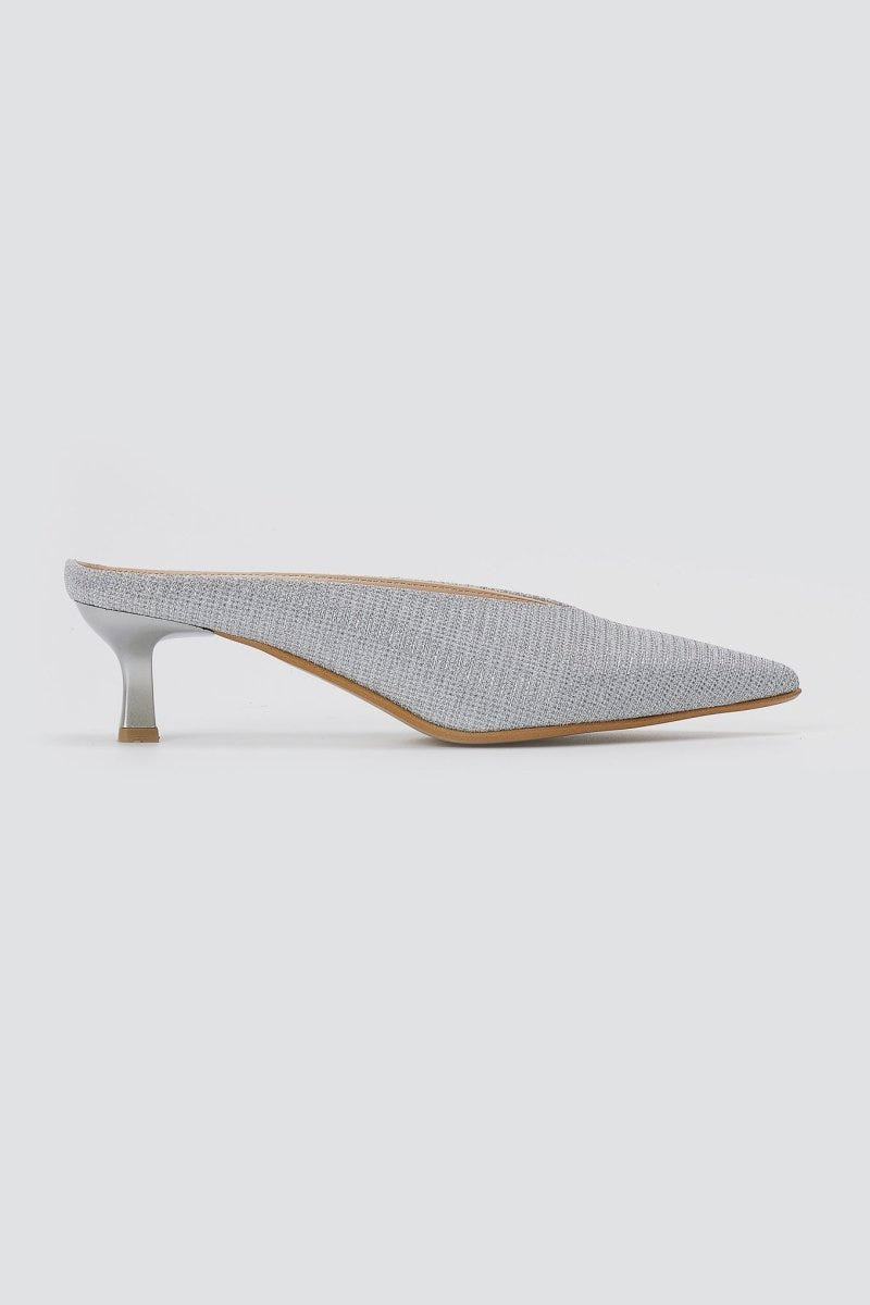 TFP - V Cut Kitten Heel Mules - Silver Lurex