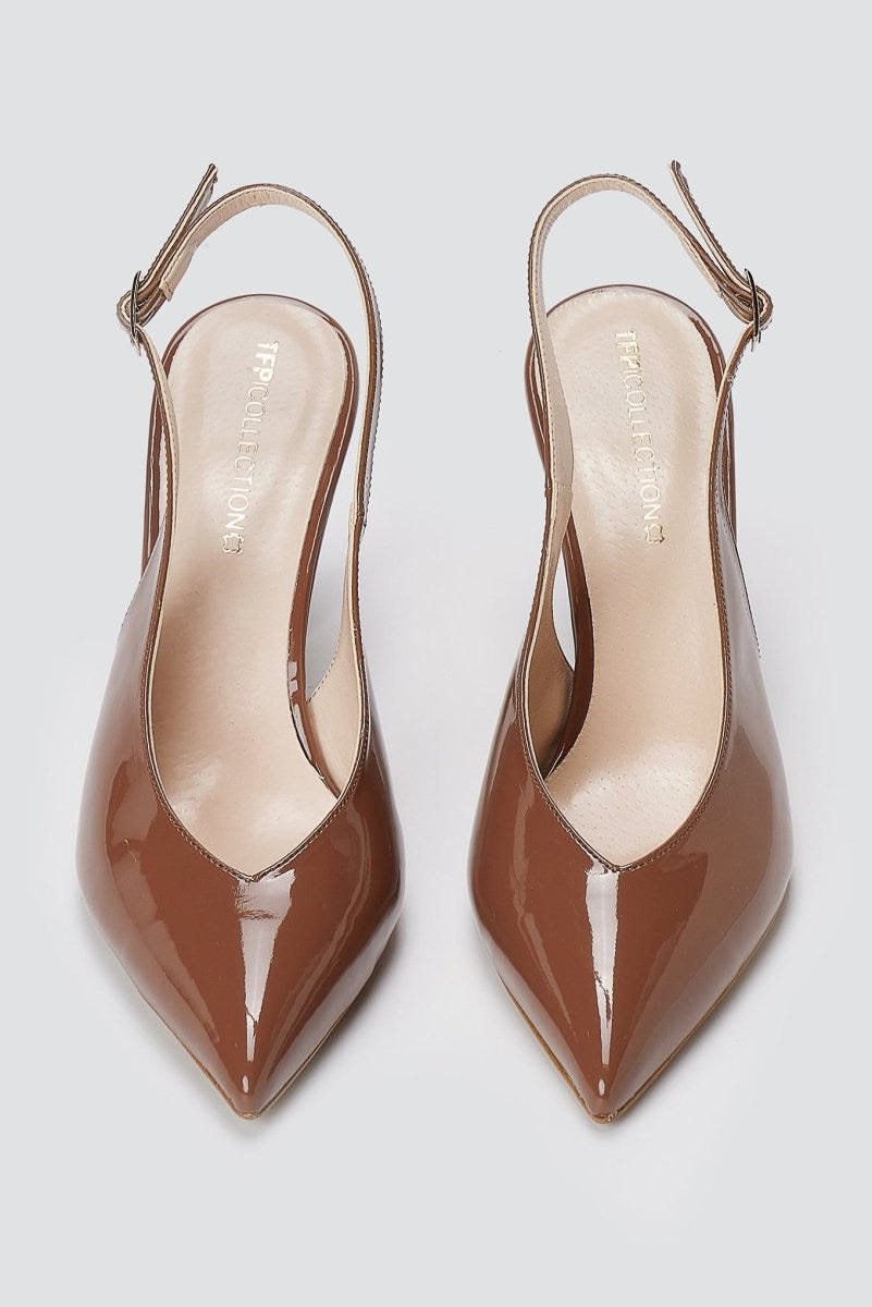 TFP - V Cut Slingback Kitten Heel Pumps - Brown Patent