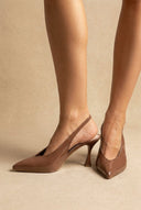 TFP - V Cut Slingback Kitten Heel Pumps - Brown Patent