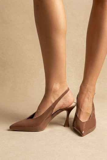 TFP - V Cut Slingback Kitten Heel Pumps - Brown Patent