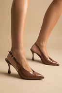 TFP - V Cut Slingback Kitten Heel Pumps - Brown Patent