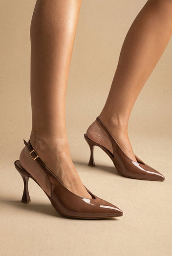 TFP - V Cut Slingback Kitten Heel Pumps - Brown Patent