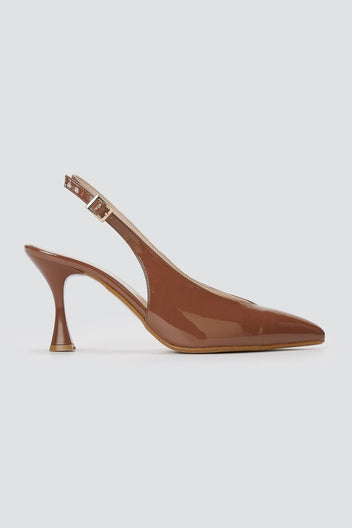 TFP - V Cut Slingback Kitten Heel Pumps - Brown Patent