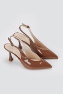 TFP - V Cut Slingback Kitten Heel Pumps - Brown Patent