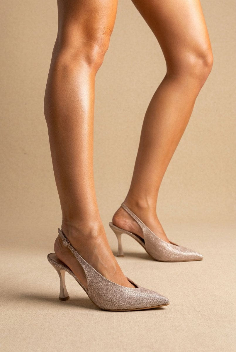 TFP - V Cut Slingback Kitten Heel Pumps - Nude Lurex