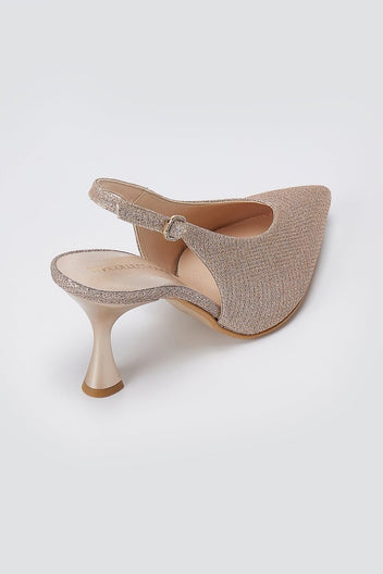 TFP - V Cut Slingback Kitten Heel Pumps - Nude Lurex