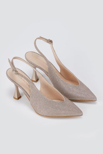 TFP - V Cut Slingback Kitten Heel Pumps - Nude Lurex