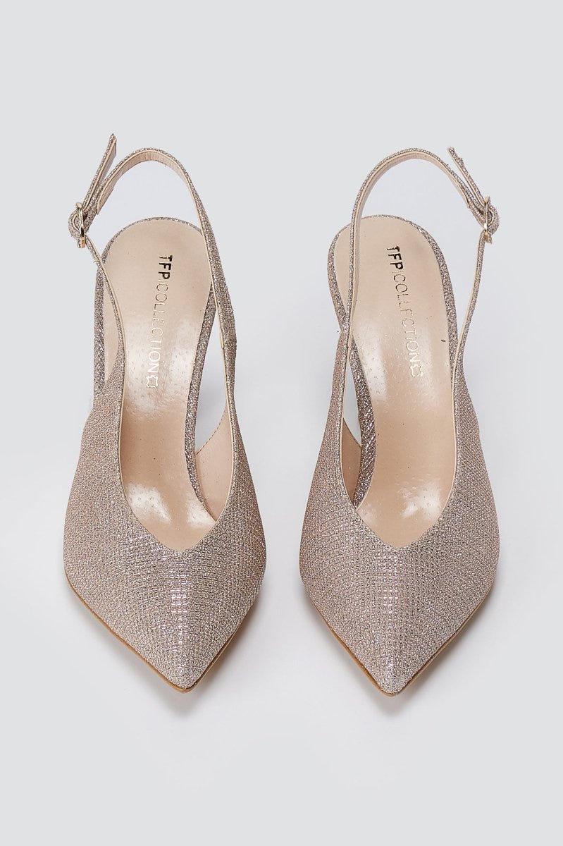 TFP - V Cut Slingback Kitten Heel Pumps - Nude Lurex